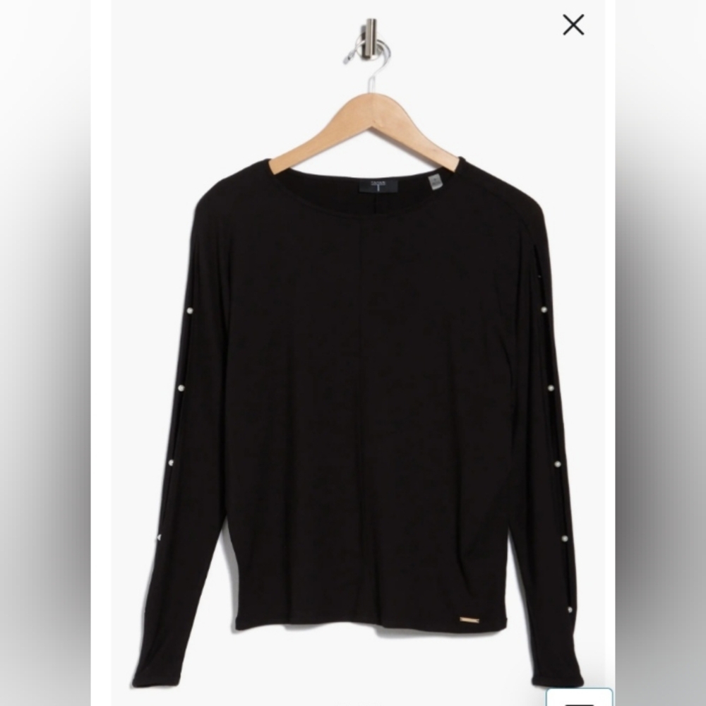 T Tahari Navy Blouse W/ Pearl Button Details Connecting Openings Dalman Sleeves